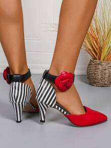 Sandalias de tacón alto con adornos de strass importadas, aptas para vacaciones y uso diario, color rojo - Rojo - Ver 4
