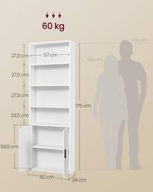 Bibliothèque, Étagère Haute sur 6 Niveaux, avec Porte, Meuble de Rangement Ouvert, 24 x 31,8 x 175 cm/ 24 x 60 x 175 cm, pour Salon, Bureau, Salle à Manger, Blanc Nuage - Blanc - Voir 6