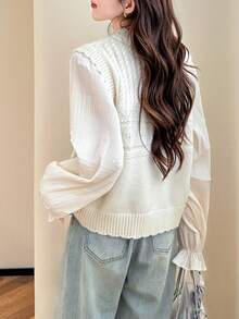 Women's Autumn/Winter Soft Knit Patchwork Cable Design Pullover Sweater - Beige - View 2