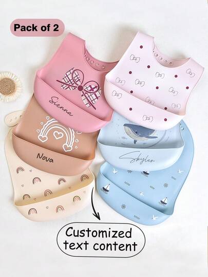 2pcs Custom Silicone Baby Bibs - Leak-Proof, Dirt-Resistant, Soft, Adjustable, Boilable, Portable, Bow, Polka Dot, Seagull & Sailboat, Whale, Rainbow Patterns Available, Customized Baby Name, Personalized Gift, Suitable For Boys And Girls Daily Use And Dining Out