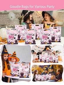 50pcs Halloween Horror Night Party Favor Bags - Pink "Happy Horror Day" Candy Gift Bags, "Little Ghost" Pumpkin Theme Party Favor Supplies, Suitable For Halloween, Birthday, Children's Theme Birthday, Baby Shower Favor Supplies. - Pink - View 2