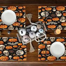 1pc/4pcs Halloween Linen Table Runner Placemats, Easy Clean Breakfast Mats For Kitchen, Home, Restaurant Decor With Pumpkin, Witch, Ghost Patterns Suitable For Kitchen, Dining Room, Living Room, Bathroom - Multicolor - View 2