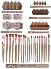 45 piezas Juego de brochas de maquillaje, herramientas de belleza mixtas, que incluyen: 20 piezas de brochas de maquillaje, 1 bolsa de maquillaje, 5 esponjas de belleza, 5 borlas de polvo, 5 mini esponjas de belleza, 5 mini borlas de polvo para los dedos, 1 diadema, 2 muñequeras, 1 herramienta de limpieza