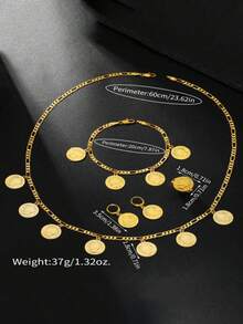 Bộ 5 món trang sức thời trang hình đồng xu cá nhân hóa, mặt dây chuyền, hoa tai, nhẫn, vòng tay, phụ kiện đồng xu vàng - Vàng - Xem 3