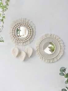 1pc Boho Style Handmade Wooden Bead Woven Wall Hanging Tassel Mirror Decor, Bedroom Home Living Room Entryway Wall Art, Gift For Friends, Wedding - Beige - View 2