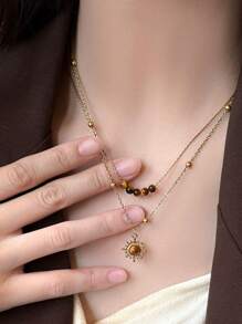 1 件复古金向日葵和虎眼吊坠项链，多层佩戴毛衣链项链，派对、宴会时尚配饰 - 棕色 - 查看 2