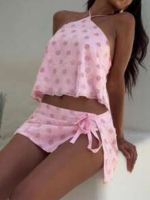 Women Two Piece Sparkly Sequin Mini Skirt Set .Y Sleeveless Tie Back Halter Top Side Tie Mini Skirt Set Summer Y2k Clubwear - 粉色 - 查看 2