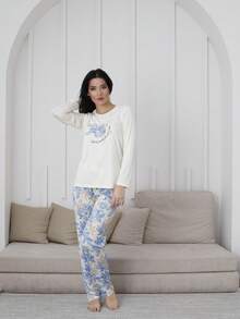Mirano Slogan Print Short Sleeve Top & Cherry Pattern Long Pants Pajama Set - Blue and White - View 2