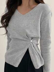 2025春秋时尚前开叉长袖上衣，修身 - 灰色 - 查看 4