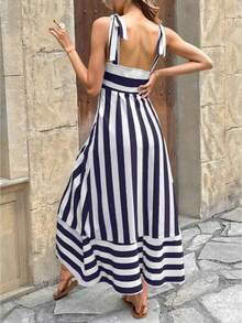 随机剪裁无袖印花夏季A字连衣裙，女士夏季度假连衣裙，休闲外出连衣裙，优雅 - 藏蓝色 - 查看 4