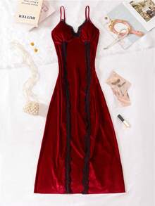 Nuevo camisón sexy con abertura alta, de terciopelo con parches de encaje bordado con flores de lámina metálica