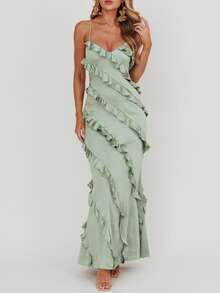 Women's Maxi Ruffle Dress Sleeveless V Neck Spaghetti Strap Ruched Long Cocktail Dresses - Green - View 2