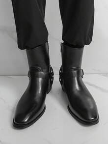 Men's Western Style Side Zipper Motorcycle Boots, Chunky Heel Boots - Black - View 7