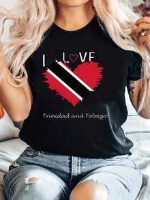 Camiseta con diseño de corazón "Amo Trinidad y Tobago" para mujeres - Camiseta casual de cuello redondo con mezcla de poliéster y spandex, manga corta, elasticidad media, para usar en todas las estaciones - Negro - Ver 1