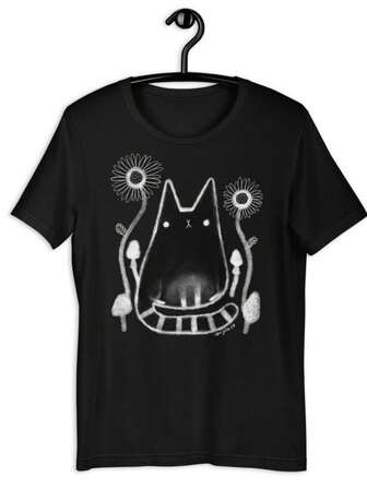 STRAIGHT CUT T-SHIRT Black Cat Mushroom Flowers Shirt Folk Art Forest Quirky Whimsical Birthday Gifts Fungi Floral Weird Gift Witchy Cats