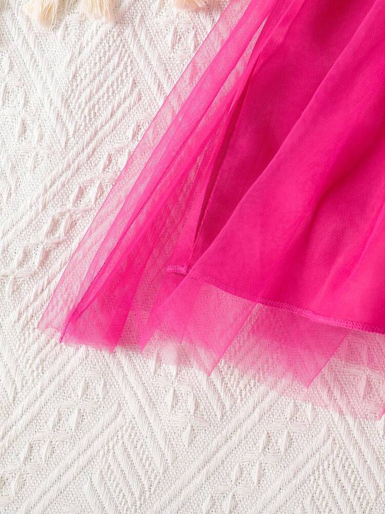 Young Girl Summer Vacation Floral Print Ruffled Collar Sleeveless Contrast Mesh Dress With Belt - Hot Pink - View 7