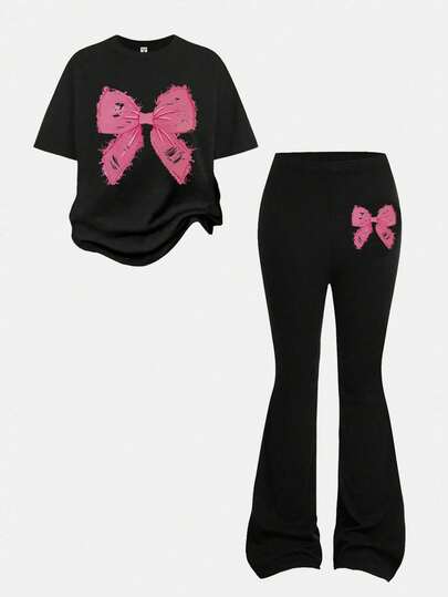 2 件套 Tween 女童蝴蝶结印花短袖 T 恤和喇叭裤套装，春夏