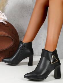 2025秋冬新款粗跟短靴，尖头扣带时尚女高跟靴，百搭女踝靴 - 黑色 - 查看 5