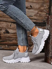 新款女士时尚休闲鞋，纯色系带运动鞋，透气户外跑步鞋，低帮舒适大码女鞋，PVC系带女鞋，透气舒适轻便柔软健身房户外度假女鞋 - 灰色 - 查看 7