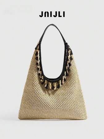 JNIJLI 1 件波西米亚风格草编流苏装饰手提包、单肩包、休闲大容量、多功能，适合日常通勤、时尚休闲、旅行、海滩婚礼、郊游、度假、海滩
