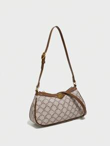 Classic Solid Color PU Waterproof Fabric Shoulder Bag, Metal Buckle Decor, Underarm Baguette Style, All-Over Allover Print Design, Contrast Stitching, Women Wallet, Women Shoulder Bag, Business Commuter Bag, Suitable For Shopping, Commuting To Work, And Social Occasions - Coffee - View 2