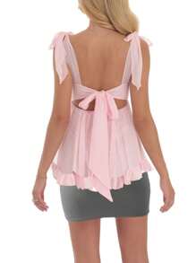 Women Y2k Babydoll Tank Top Tie Shoulder Ruffle Hem Spaghetti Strap Peplum Tops Tie Back Square Neck Summer Camisole