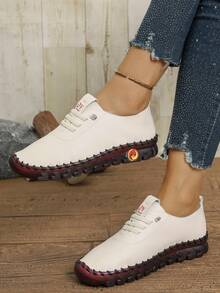 Women's Fashion Outdoor Rubber Sole Lace-Up Low-Top Soft Leather Flat Shoes - Beige - View 3