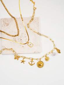 3pcs Fashionable Summer Fashionable Butterfly, Starfish, Pearl, Anchor, Eye, Moon, Seashell, Starburst Pendant Necklace, Suitable For Gift, Party, Daily, Vacation - Gold - View 2