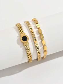 3pcs Elegant Gold Bracelet For Women, Fashionable Roman Time Bracelet, Vacuum Electroplating That Does Not Fade Easily, Bracelet Set, Bracelet Layering Set, Stainless Steel Bracelet Set,Woven Bracelet Stainless Steel Bracelet, Zirconia Bracelet, Nail Bracelet, Titanium Steel Bracelet, Stainless Steel Bracelets, Stainless Steel Bracelet Sets