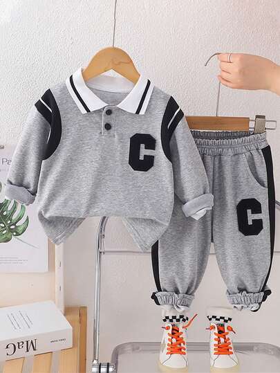 M.Dian xi 2 peças/Conjunto Camisa Polo de Manga Longa e Calça Conjunto, Estilo Coreano para Meninos, Conjunto Esportivo Casual com Gola para Crianças Pequenas e Crianças