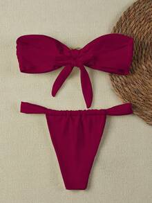 Bộ bikini nữ màu đỏ tía trơn, gợi cảm và thanh lịch, không dây, dành cho mùa xuân/hè, thích hợp cho bãi biển, kỳ nghỉ, tiệc tùng và hẹn hò. - Màu Đỏ Sâu - Xem 2