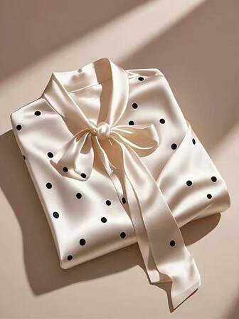 时尚休闲缎面波点蝴蝶结初秋长袖袖口弹力荷叶边女士衬衫纽扣衬衫