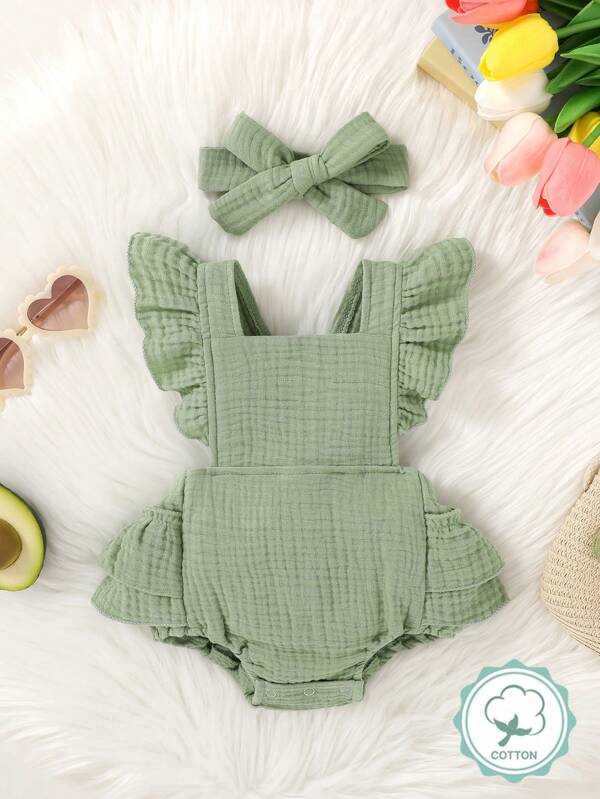 2pcs Set Casual Elegant Sweet Cute Baby Girl Romper Dress, Soft & Comfortable, Ruffle Trim Solid Color Romper & Headband Set
