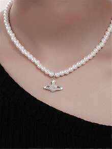 1 chiếc vòng cổ mặt dây chuyền ngọc trai giả hình ngôi sao đính đá thời trang dành cho nữ, cổ điển, tiệc tùng, du lịch, quà tặng trang sức cưới - trắng - Xem 2