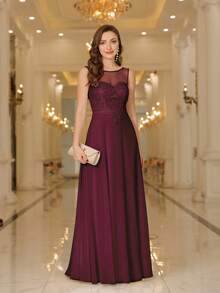 Babyonlinedress Guipure Lace Insert Pearls Beaded Chiffon A-Line Prom Bridesmaid Dresses,Formal Wedding Guest Gown, For Graduation, Homecoming,Dinner - 酒紅色 - 查看 1