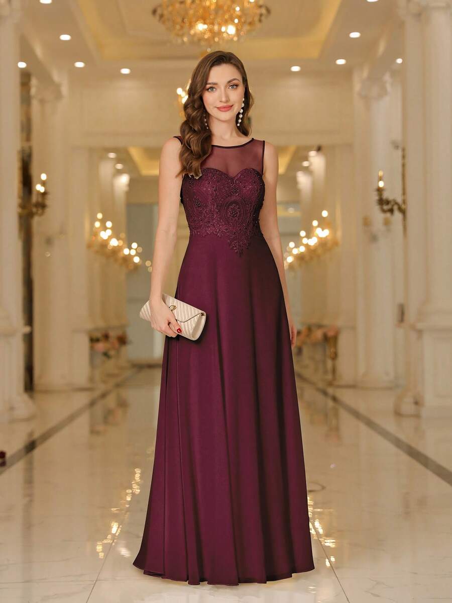 Babyonlinedress Guipure Lace Insert Pearls Beaded Chiffon A-Line Prom Bridesmaid Dresses,Formal Wedding Guest Gown, For Graduation, Homecoming,Dinner - 酒紅色 - 查看 1