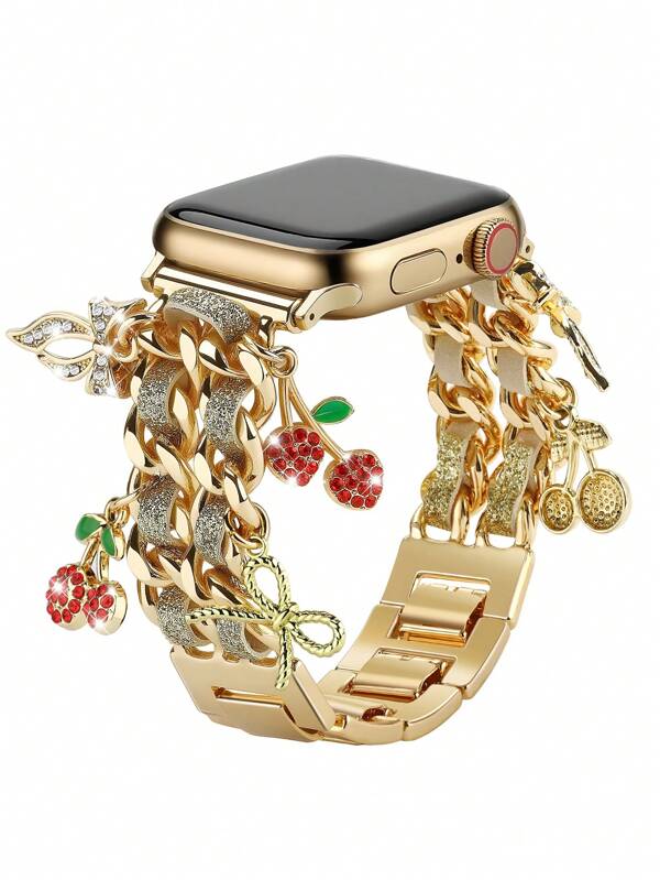 1PC Cherry Pendant Chain Metal Band Compatible With Apple Watch Bands 49/46/45/44/42/41/40/38mm Women,Stylish Cowboy Link With Cute Charms Pendants Dressy Wristband For Series 10 Ultra 2 9 8 7 6 5 4 3 2 SE