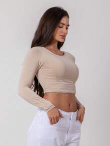 Cropped Costa Nua Manga Longa RCL MODAS - Bege - Visão 2