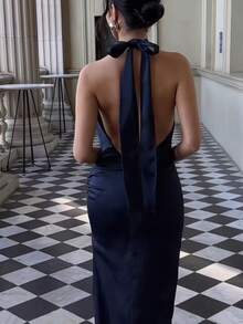 Basrey 新款优雅女士纯色系带腰褶皱露背鸡尾酒礼服，鱼尾长裙，适合婚礼、派对、约会等场合