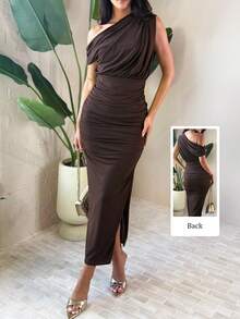 QIANZHIDU Solid Color Elegant Asymmetric Shoulder High Slit Ruffle Hem Bodycon Curve Dress, Suitable For Daily Office, Christmas Party, Wedding Guest, New Year, Fall Women Clothes - Coffee - View 8