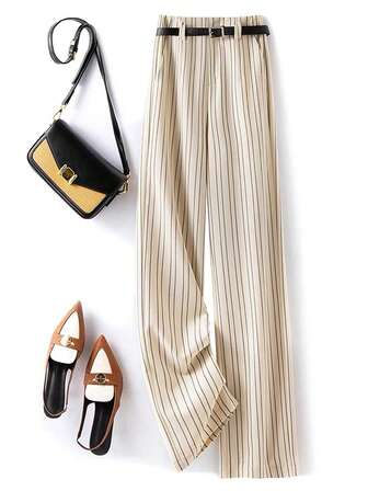 中腰条纹彩色优雅办公室直筒休闲阔腿裤（配腰带）