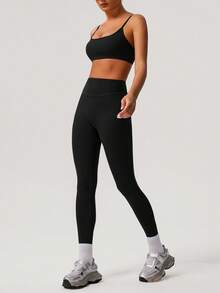 Sodalemon Women's Solid Color Thick Sports Bra & Yoga Leggings 2 Pieces Set, Minimalist Design For Fitness Training - 黑色 - 查看 3