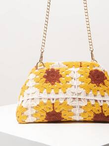 1 件花卉印花包、沙滩包、度假包、女士手拿包、高档金属链斜挎包、钩针套装、旅行必备品、女士度假装（图案随机）