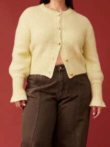 Women's Crew Neck Solid Color Button-Up Cardigan Sweater, Long Sleeve Fall Winter Knit Open Front Cozy Tops