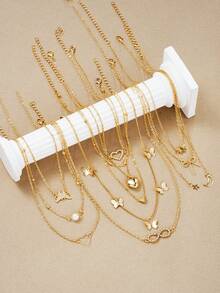 11pcs/12pcs Set Elegant Vintage Minimalist Star, Moon, Golden Heart, Bowknot Necklaces For Women, Suitable For Holidays, Parties, Dates, Daily Wear, And As Gifts - 金黃色 - 查看 5