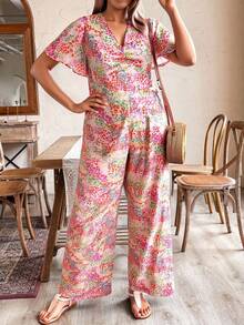 Jumpsuit mono palazzo tallas extras dama mujer manga corta estampado formal casual evento aniversario cumpleaños festejo fiesta dia noche elegante comodo trendy bautizo comodo pierna ancha - Multicolor - Ver 3