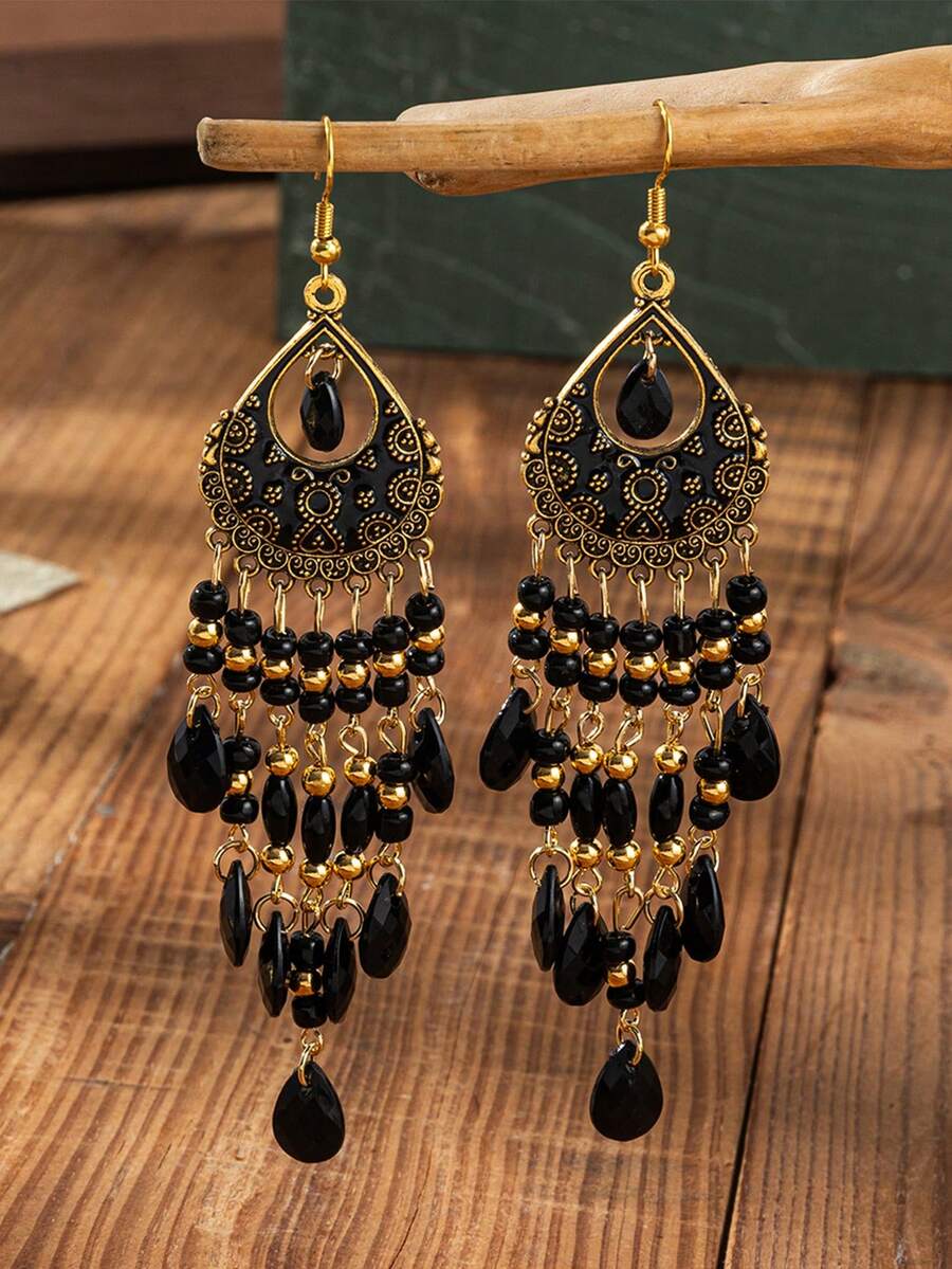 1 对女士波西米亚风格泪珠流苏长耳环