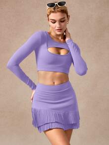 NcmRyu 1pc Women's Seamless Hollow Design Cinched Waist Tight Fit Long Sleeve Skirt Sports Set - Purple - View 10