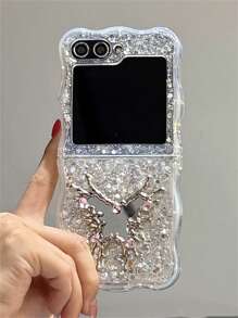 Funda de teléfono plegable con espejo de maquillaje con mariposa de cristal, brillante, con lentejuelas y borde de ola con protección contra golpes, compatible con Samsung Galaxy Z Flip 6, Z Flip 5, Z Flip 4, Z Flip 3, estilo coreano Y2K