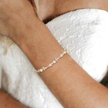 Crysdue Wedding Bridal Link Bracelet Brides Bridesmaids, Marquise Cubic Zirconia Tennis Bracelets Women Prom Jewelry - D_CZ+珍珠,金色 7.8-9.37 英寸 - 查看 9